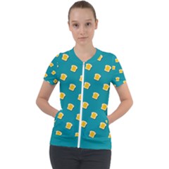 Toast With Cheese Funny Retro Pattern Turquoise Green Background Short Sleeve Zip Up Jacket by genx