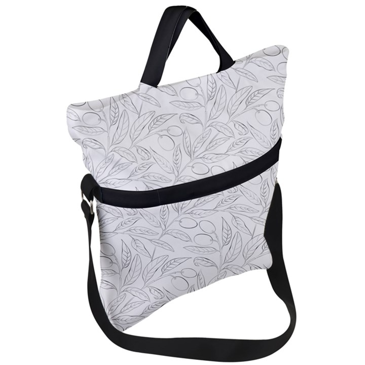 Organic Olive Leaves Pattern Hand drawn Black and white Fold Over Handle Tote Bag