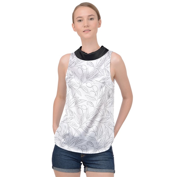 Organic Olive Leaves Pattern Hand drawn Black and white High Neck Satin Top