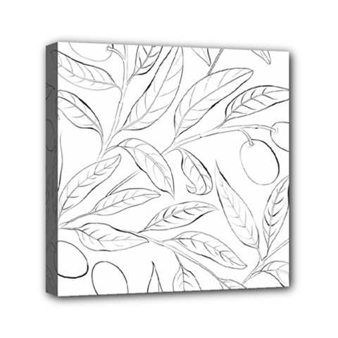 Organic Olive Leaves Pattern Hand Drawn Black And White Mini Canvas 6  X 6  (stretched) by genx