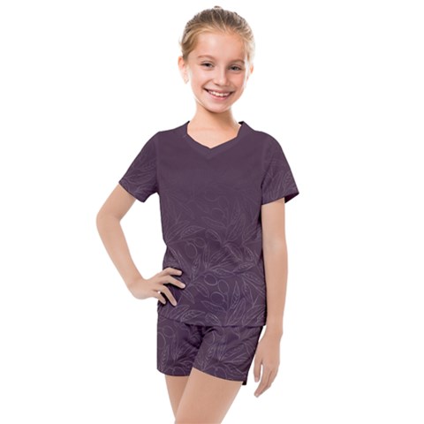 Organic Olive Leaves Pattern Hand Drawn Purple Red Wine Kids  Mesh Tee And Shorts Set by genx