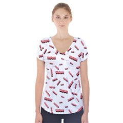 Funny Bacon Slices Pattern Infidel Red Meat Short Sleeve Front Detail Top by genx