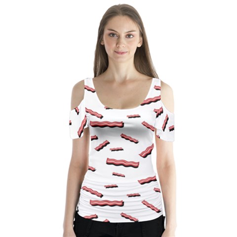 Funny Bacon Slices Pattern Infidel Red Meat Butterfly Sleeve Cutout Tee  by genx