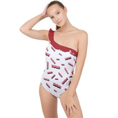 Funny Bacon Slices Pattern Infidel Red Meat Frilly One Shoulder Swimsuit by genx