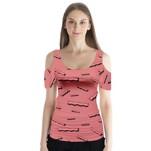 Funny Bacon Slices Pattern Infidel Vintage Red Meat Background  Butterfly Sleeve Cutout Tee  by genx