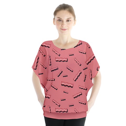 Funny Bacon Slices Pattern Infidel Vintage Red Meat Background  Batwing Chiffon Blouse by genx