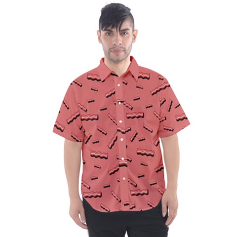 Funny Bacon Slices Pattern Infidel Vintage Red Meat Background  Men s Short Sleeve Shirt by genx