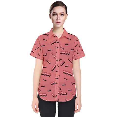Funny Bacon Slices Pattern Infidel Vintage Red Meat Background  Women s Short Sleeve Shirt by genx