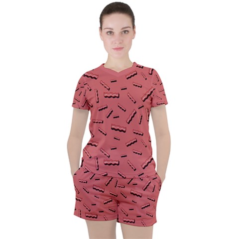 Funny Bacon Slices Pattern Infidel Vintage Red Meat Background  Women s Tee And Shorts Set by genx