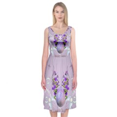 Happy Easter, Easter Egg With Flowers In Soft Violet Colors Midi Sleeveless Dress by FantasyWorld7