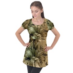 Wonderful Floral Design With Butterflies Puff Sleeve Tunic Top by FantasyWorld7