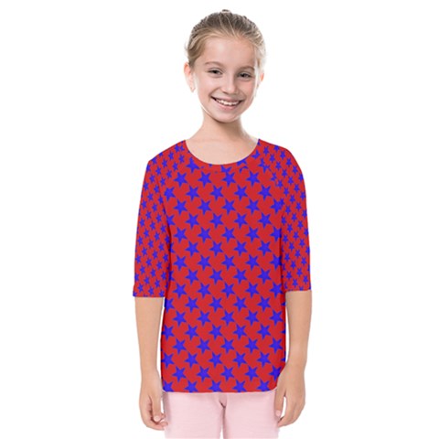 Blue Stars Pattern On Red Kids  Quarter Sleeve Raglan Tee by BrightVibesDesign