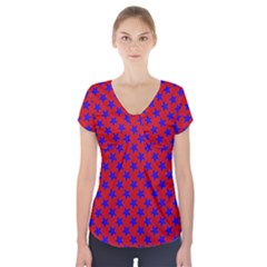 Blue Stars Pattern On Red Short Sleeve Front Detail Top by BrightVibesDesign