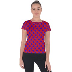 Blue Stars Pattern On Red Short Sleeve Sports Top  by BrightVibesDesign