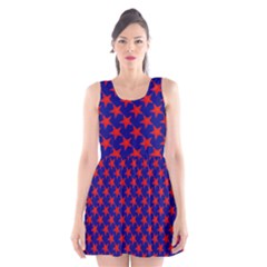 Red Stars Pattern On Blue Scoop Neck Skater Dress by BrightVibesDesign