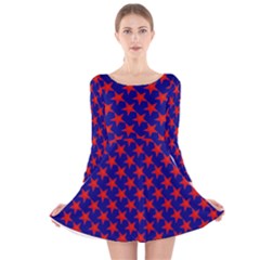 Red Stars Pattern On Blue Long Sleeve Velvet Skater Dress by BrightVibesDesign