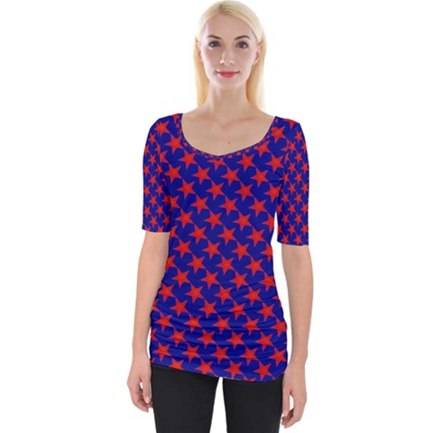 Red Stars Pattern On Blue Wide Neckline Tee by BrightVibesDesign