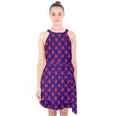 Red Stars Pattern On Blue Halter Collar Waist Tie Chiffon Dress by BrightVibesDesign