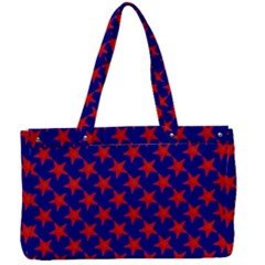 Red Stars Pattern On Blue Canvas Work Bag by BrightVibesDesign