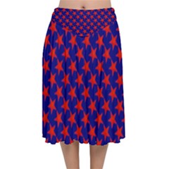 Red Stars Pattern On Blue Velvet Flared Midi Skirt by BrightVibesDesign