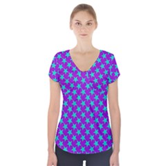 Turquoise Stars Pattern On Purple Short Sleeve Front Detail Top by BrightVibesDesign