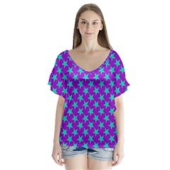 Turquoise Stars Pattern On Purple V-neck Flutter Sleeve Top by BrightVibesDesign