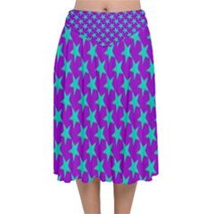 Turquoise Stars Pattern On Purple Velvet Flared Midi Skirt by BrightVibesDesign