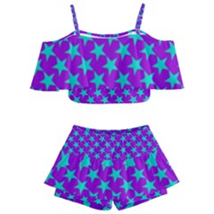 Turquoise Stars Pattern On Purple Kids  Off Shoulder Skirt Bikini by BrightVibesDesign