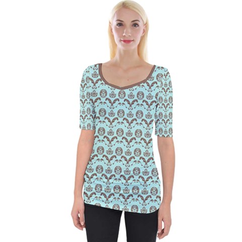 Easter Damask Pattern Robins Egg Blue And Brown Wide Neckline Tee by emilyzragz