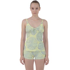 Spring Dahlia Print - Pale Yellow & Light Blue Tie Front Two Piece Tankini by WensdaiAmbrose