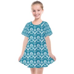 Easter Damask Pattern Deep Teal Blue And White Kids  Smock Dress by emilyzragz