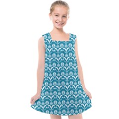 Easter Damask Pattern Deep Teal Blue And White Kids  Cross Back Dress by emilyzragz