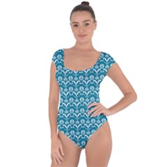 Easter Damask Pattern Deep Teal Blue And White Short Sleeve Leotard  by emilyzragz