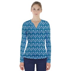 Easter Damask Pattern Deep Teal Blue And White V-neck Long Sleeve Top by emilyzragz