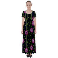 Abstract Rose Garden High Waist Short Sleeve Maxi Dress