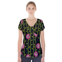 Abstract Rose Garden Short Sleeve Front Detail Top