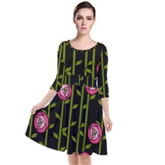 Abstract Rose Garden Quarter Sleeve Waist Band Dress