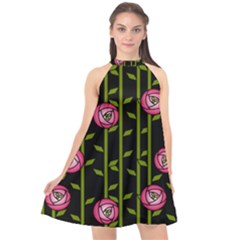 Abstract Rose Garden Halter Neckline Chiffon Dress 