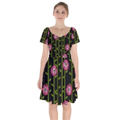 Abstract Rose Garden Short Sleeve Bardot Dress