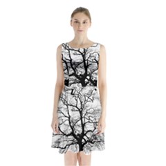 Tree Silhouette Winter Plant Sleeveless Waist Tie Chiffon Dress