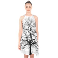 Tree Silhouette Winter Plant Halter Collar Waist Tie Chiffon Dress