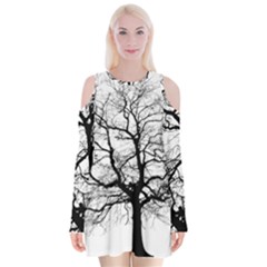 Tree Silhouette Winter Plant Velvet Long Sleeve Shoulder Cutout Dress