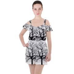 Tree Silhouette Winter Plant Ruffle Cut Out Chiffon Playsuit