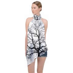 Tree Silhouette Winter Plant Halter Asymmetric Satin Top