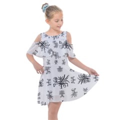 Black And White Ethnic Design Print Kids  Shoulder Cutout Chiffon Dress by dflcprintsclothing