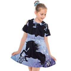 Wonderful Black Horse Silhouette On Vintage Background Kids  Short Sleeve Shirt Dress by FantasyWorld7