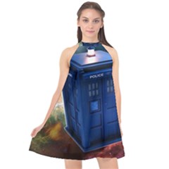 The Police Box Tardis Time Travel Device Used Doctor Who Halter Neckline Chiffon Dress  by Sudhe