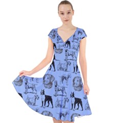 Dog Pattern Blue Cap Sleeve Front Wrap Midi Dress