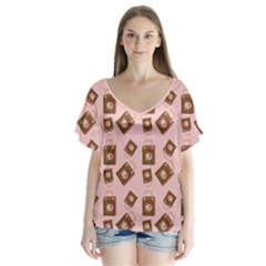 Shopping Bag Pattern Pink V-neck Flutter Sleeve Top by snowwhitegirl