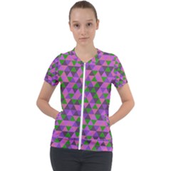 Retro Pink Purple Geometric Pattern Short Sleeve Zip Up Jacket by snowwhitegirl